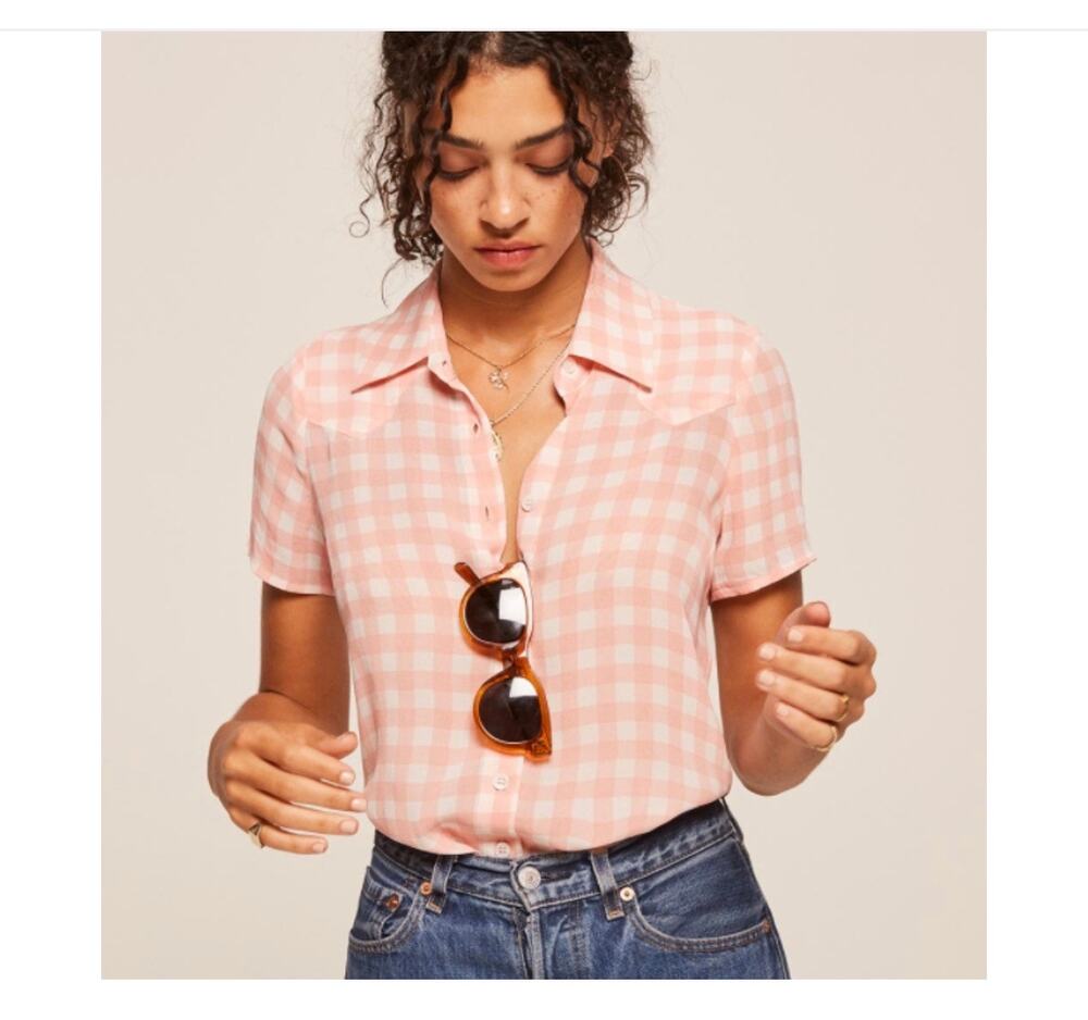 REFORMATION Roberta Button Up Blouse Pink White Check Size XS 100% Viscose